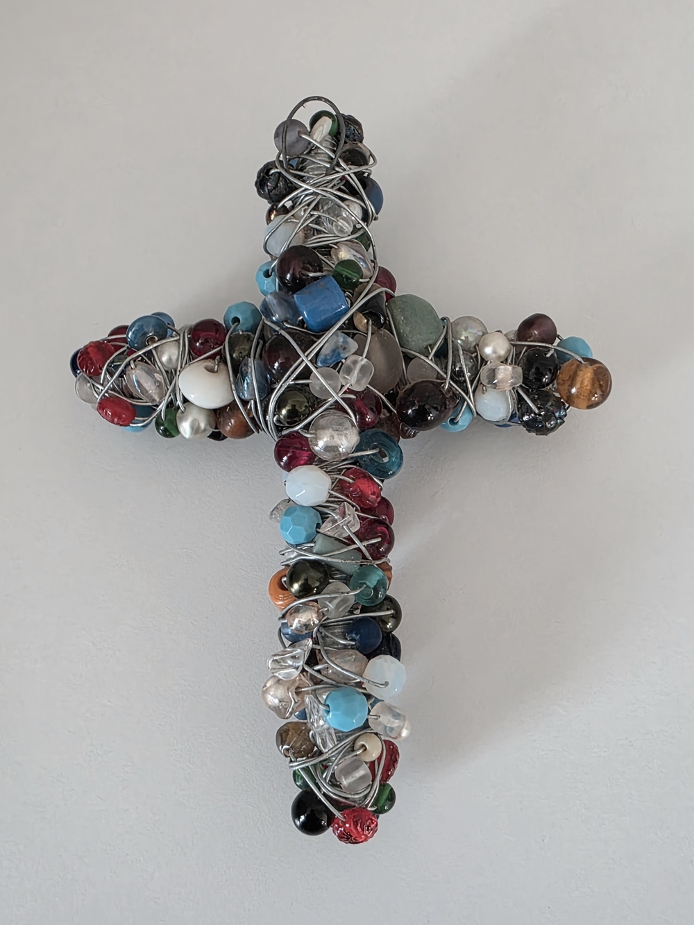 Handmade Multicolor Bead Wire-Wrapped Cross Wall Sculpture